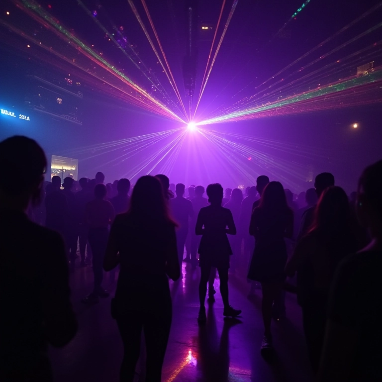 Mini laser criando padrões complexos em festa brasileira.