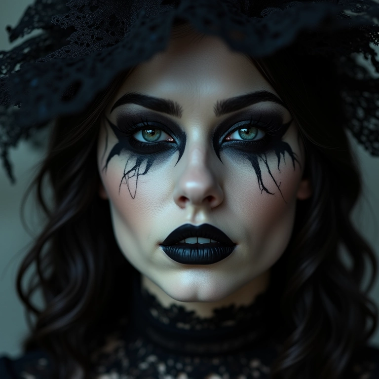 Modelo brasileira com maquiagem gótica completa: lábios escuros, pele pálida e olhos dramáticos.