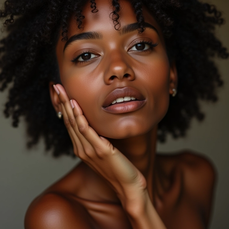 Modelo brasileira realçando os pontos fortes com iluminador.