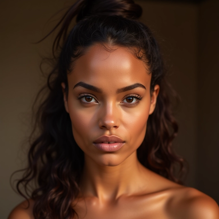 Modelo brasileira testando a maquiagem sob diferentes luzes.