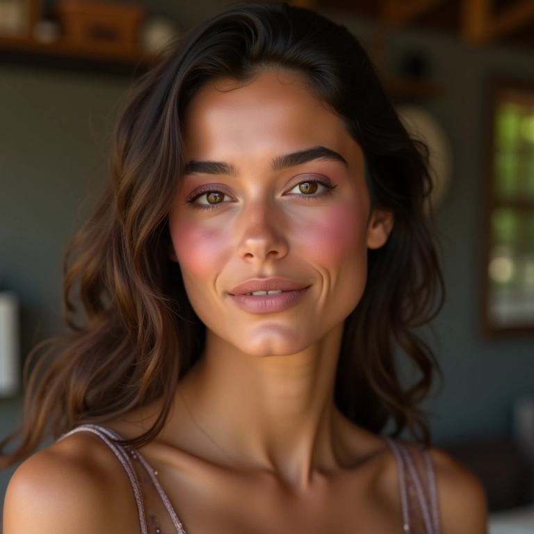Modelo com blush em tons terrosos para pele morena.