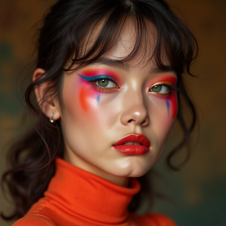 Modelo com cores vibrantes nos olhos, mostrando a maquiagem dos anos 60.