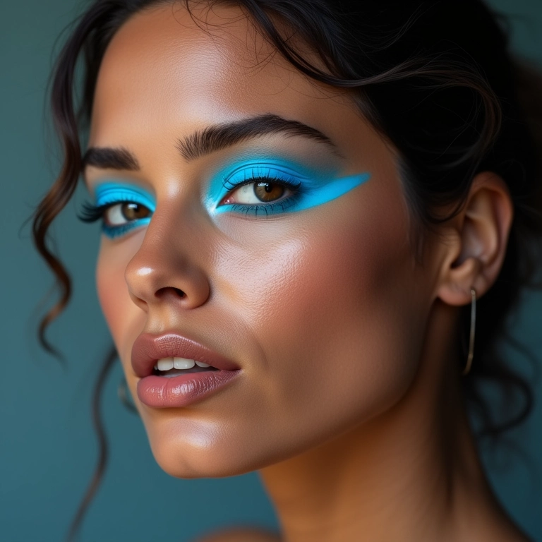 Modelo com delineado neon azul vibrante.