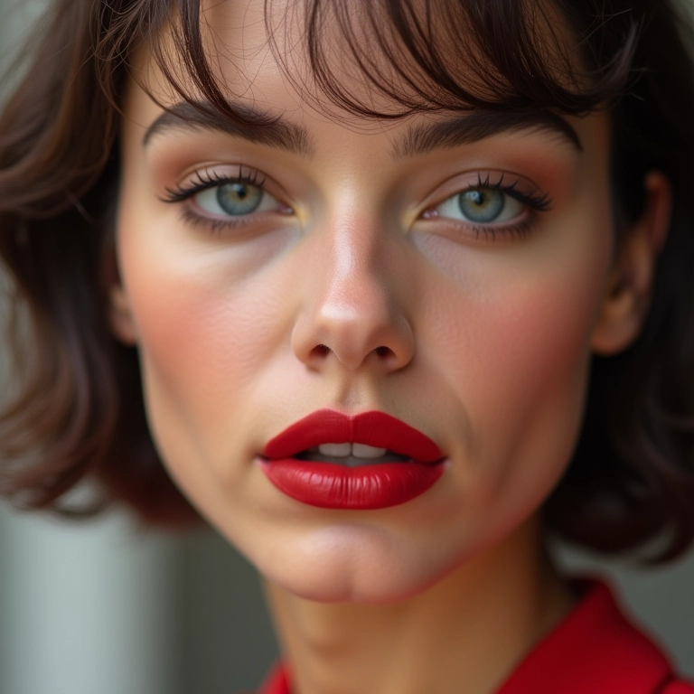 Modelo com gloss labial, incorporando um toque moderno à maquiagem dos anos 60.