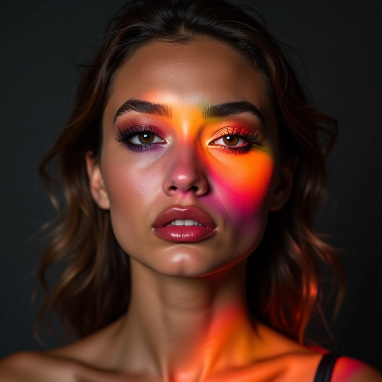 Modelo com maquiagem criativa usando iluminador duochrome.