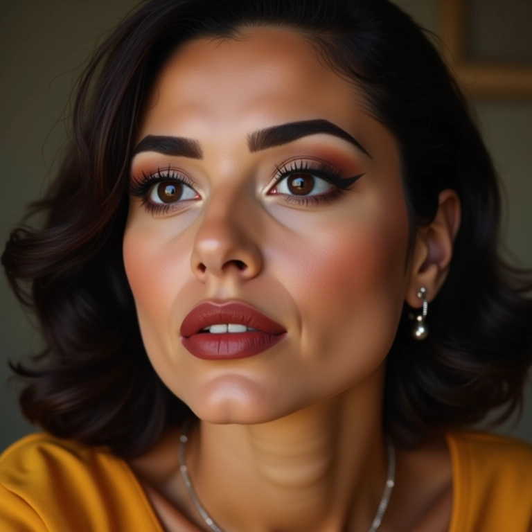 Modelo com sobrancelhas bem definidas e maquiagem dos anos 60.