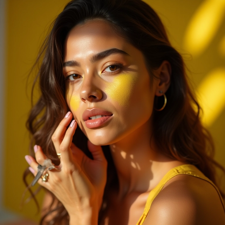 Modelo de pele clara usando pó finalizador amarelo.