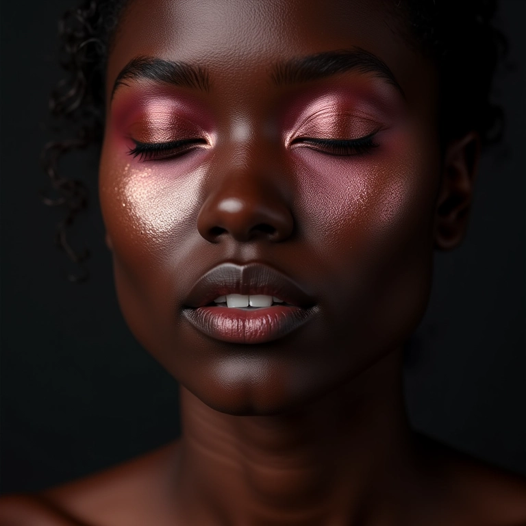 Modelo negra usando iluminador duochrome, mostrando pigmentos ricos.