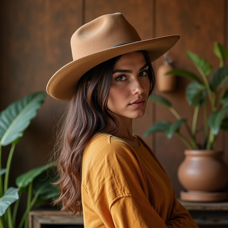 Modelo posando em um ângulo lateral dinâmico, com estilo Farm Rio.