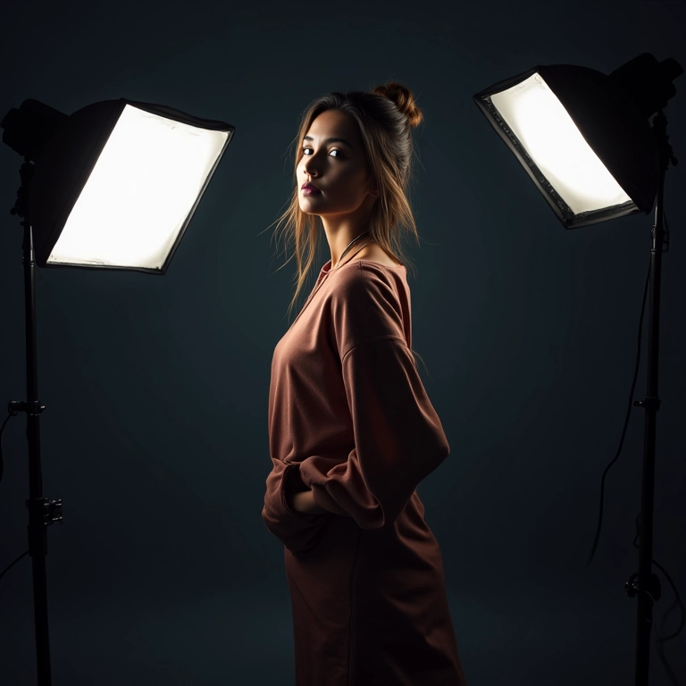 Modelo sendo iluminada por luz artificial em estúdio, com softboxes e refletores.