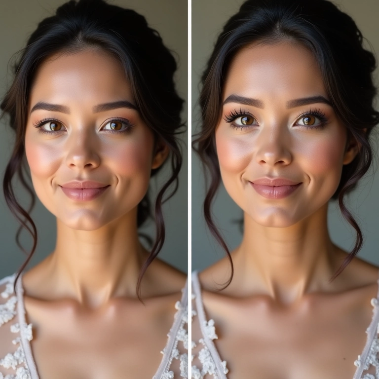 Montagem de antes e depois da aplicação de iluminador em noiva.