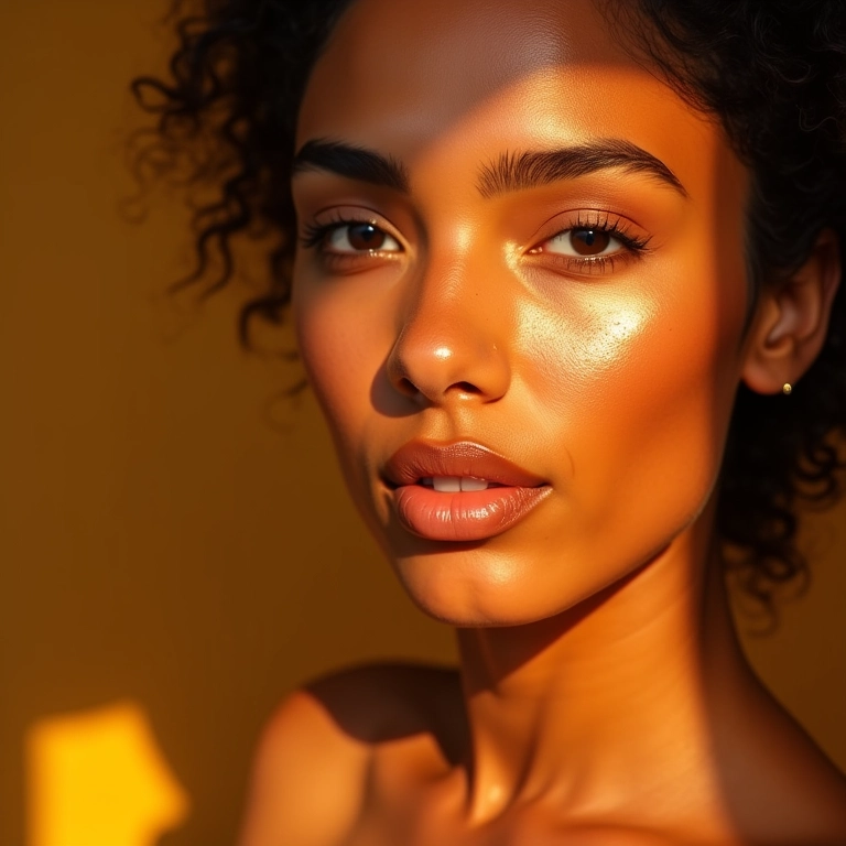 Morena aplicando bronzer dourado para um visual bronzeado.