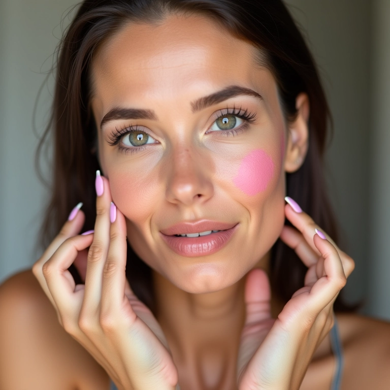 Morena aplicando corretivo rosa para iluminar a pele.