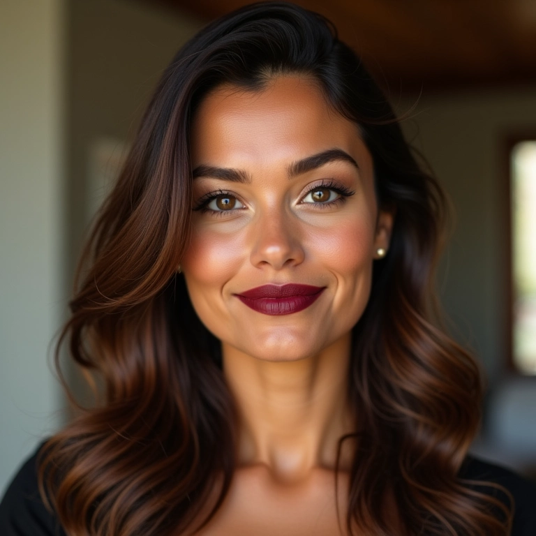 Morena com batom vinho em ambiente iluminado.