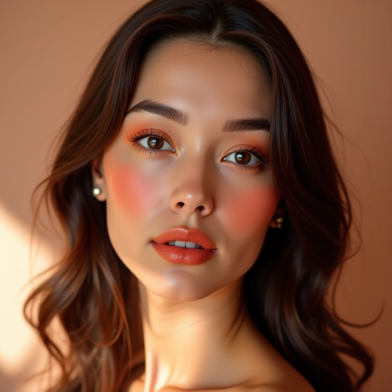 Morena com pele quente usando blush laranja.