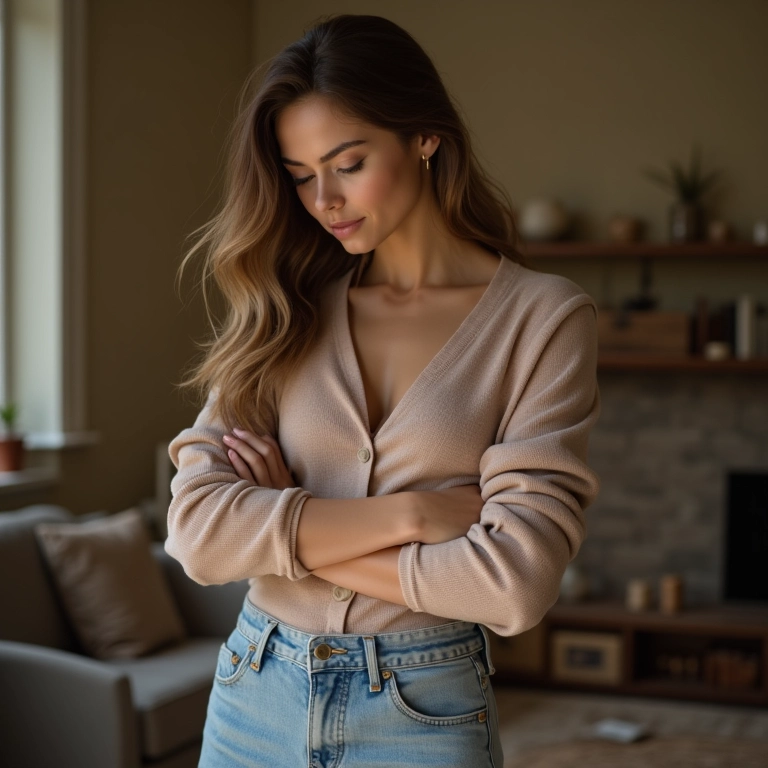 Mulher adicionando terceira peça ao look.