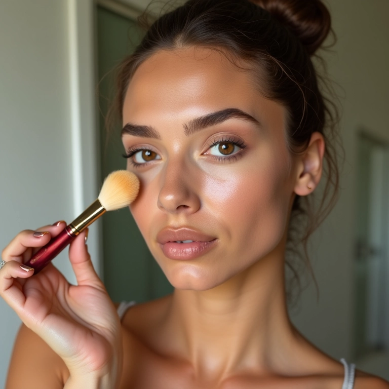 Mulher afinando o rosto com maquiagem e iluminador no nariz.