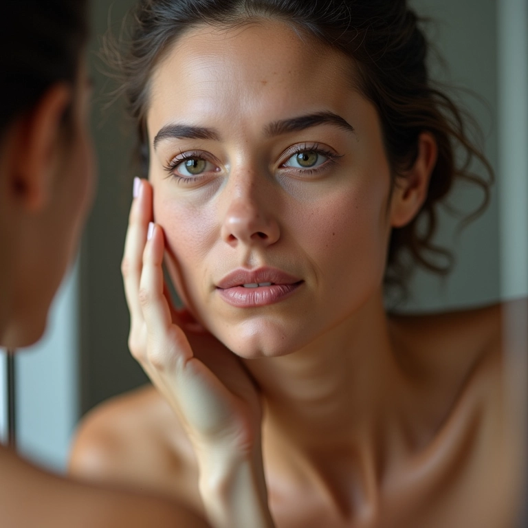 Mulher analisando o tom das olheiras em frente ao espelho.