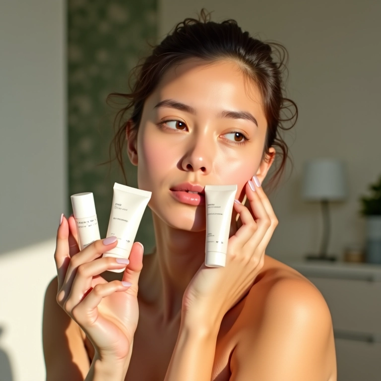 Mulher analisando seu tipo de pele para escolher o primer ideal.