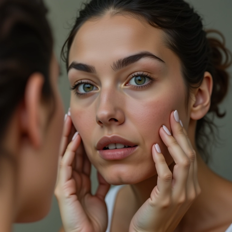 Mulher analisando sua pele oleosa no espelho.