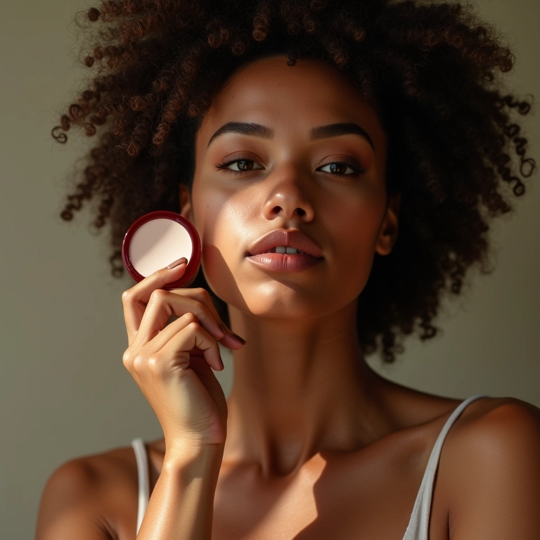 Mulher aplica pó compacto com cor.