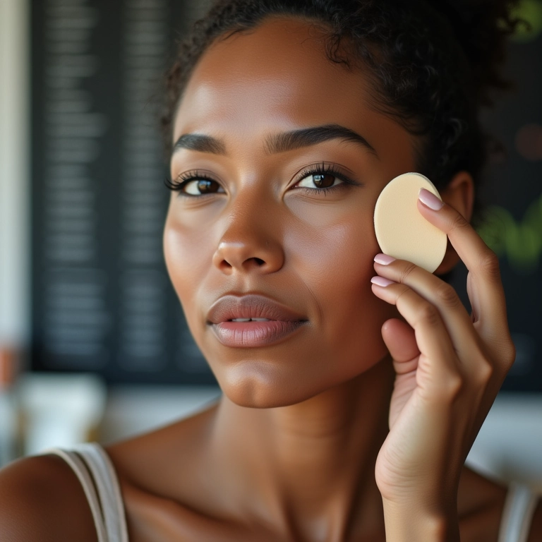 Mulher aplicando base com economia, fundo com gráficos financeiros.