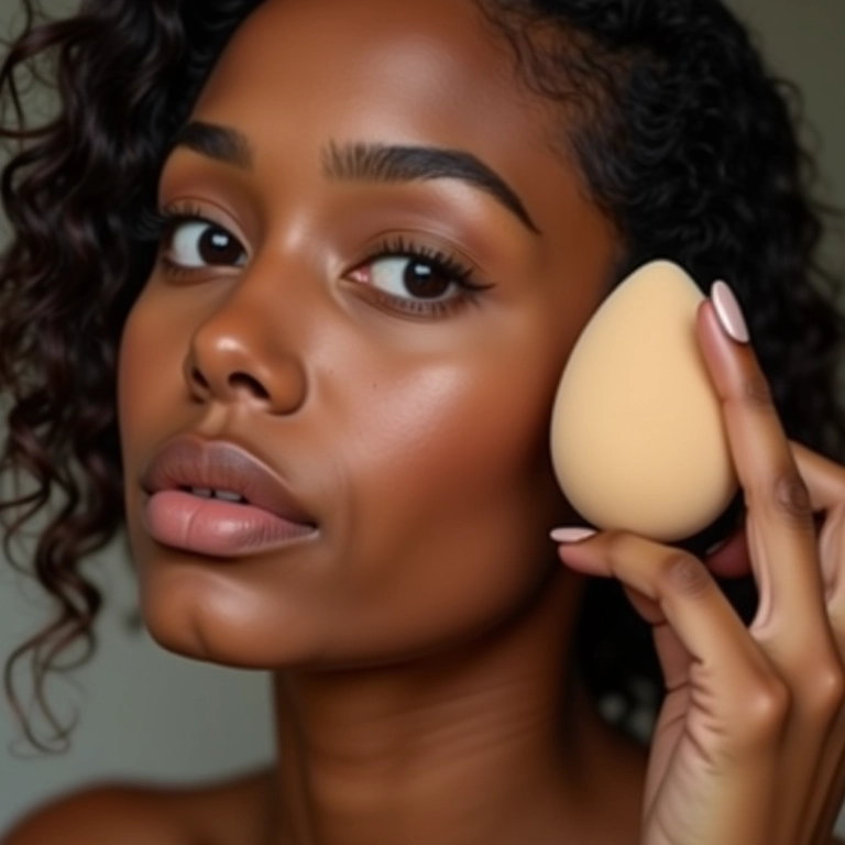 Mulher aplicando base com esponja elétrica para maquiagem.