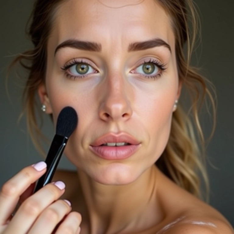 Mulher aplicando base com pincel kabuki reto para cobertura perfeita.