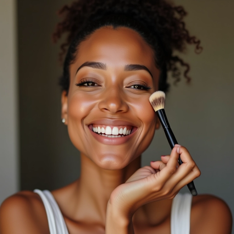 Mulher aplicando base com pincel para maquiagem de formatura.