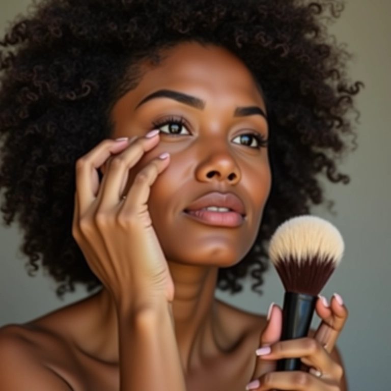 Mulher aplicando base com pincel para uma pele perfeita e uniforme.