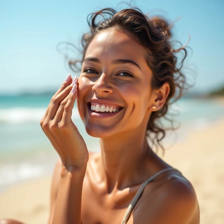 Mulher aplicando base com proteção solar na praia.