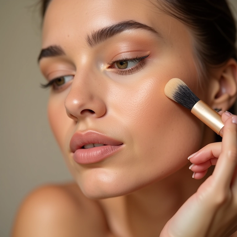 Mulher aplicando base com vitamina E, pele radiante.