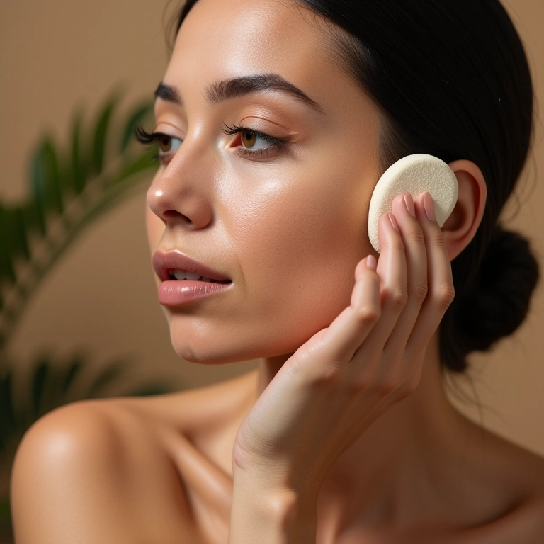 Mulher aplicando base cremosa para uma pele radiante.