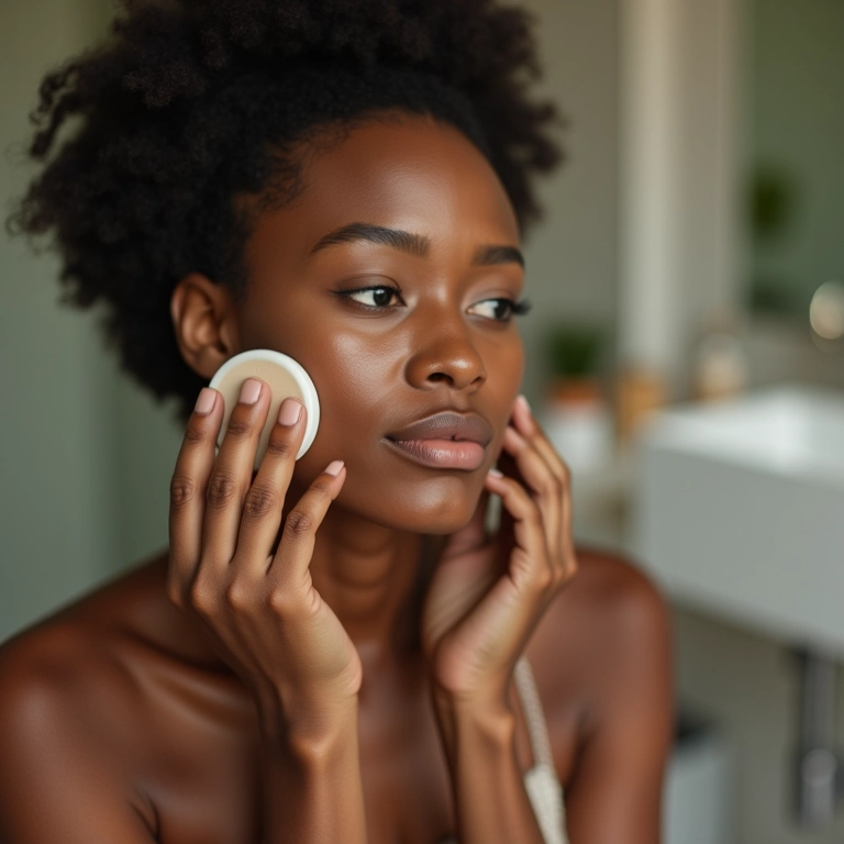 Mulher aplicando base cushion com embalagem compacta em banheiro moderno.