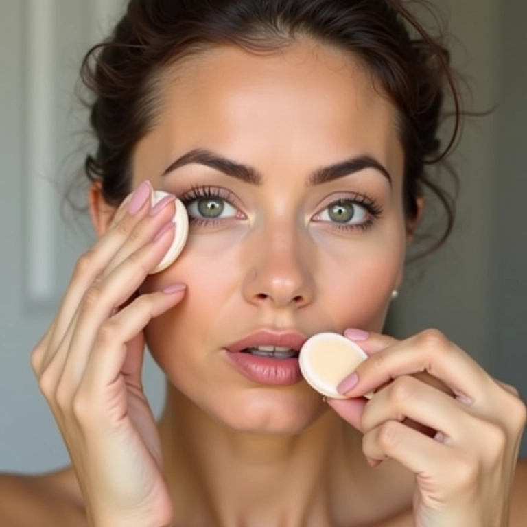 Mulher aplicando base em pó com esponja em movimento de pressão.