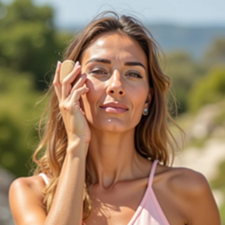 Mulher aplicando base em pó com FPS.