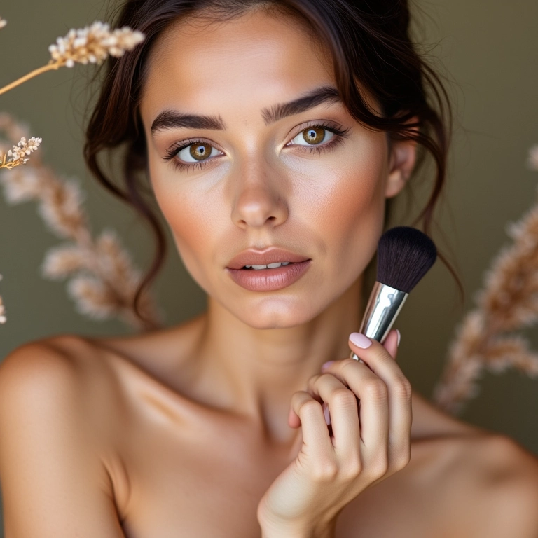 Mulher aplicando base em pó mineral com pincel.