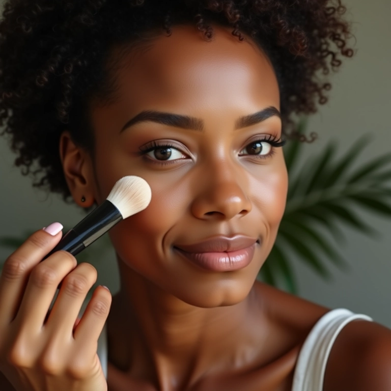 Mulher aplicando base em pó mineral para uma pele perfeita.