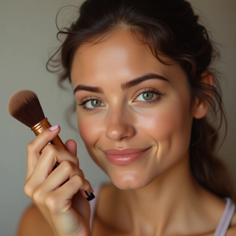 Mulher aplicando base em pó para controlar a oleosidade.