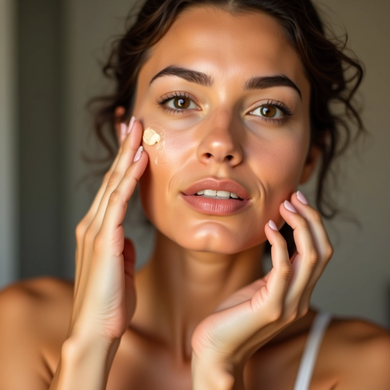 Mulher aplicando base hidratante, pele radiante.