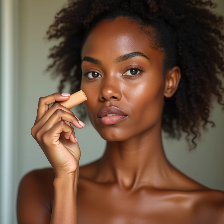 Mulher aplicando base hipoalergênica para uma pele saudável.