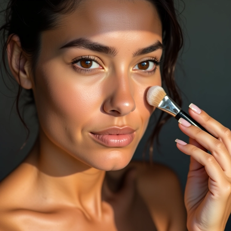 Mulher aplicando base matte com pincel.