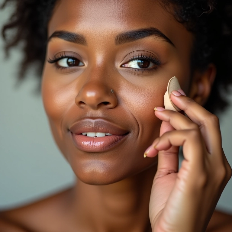 Mulher aplicando base matte no rosto com esponja.