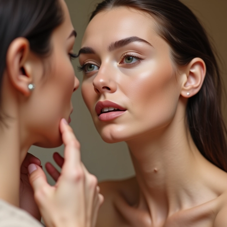 Mulher aplicando base no rosto, comparando com o pescoço.