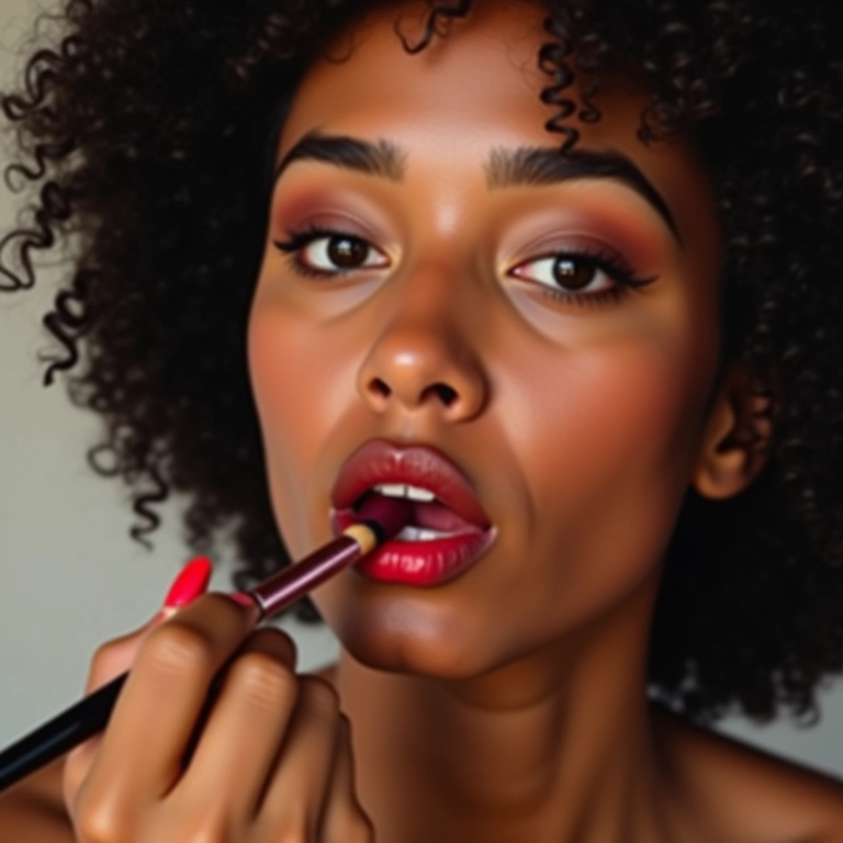 Mulher aplicando batom com um pincel.