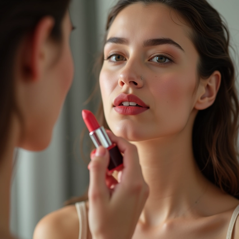 Mulher aplicando batom matte em frente ao espelho, destacando a textura.