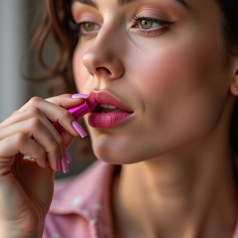 Mulher aplicando batom rosa matte.