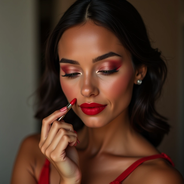 Mulher aplicando batom vermelho para completar a maquiagem.