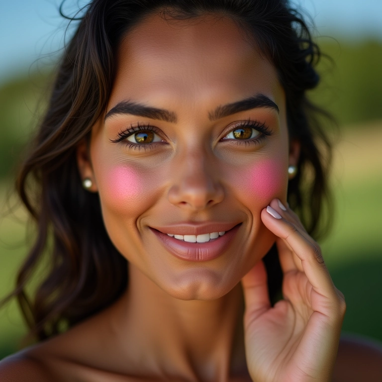 Mulher aplicando blush após o contorno para finalizar a maquiagem.