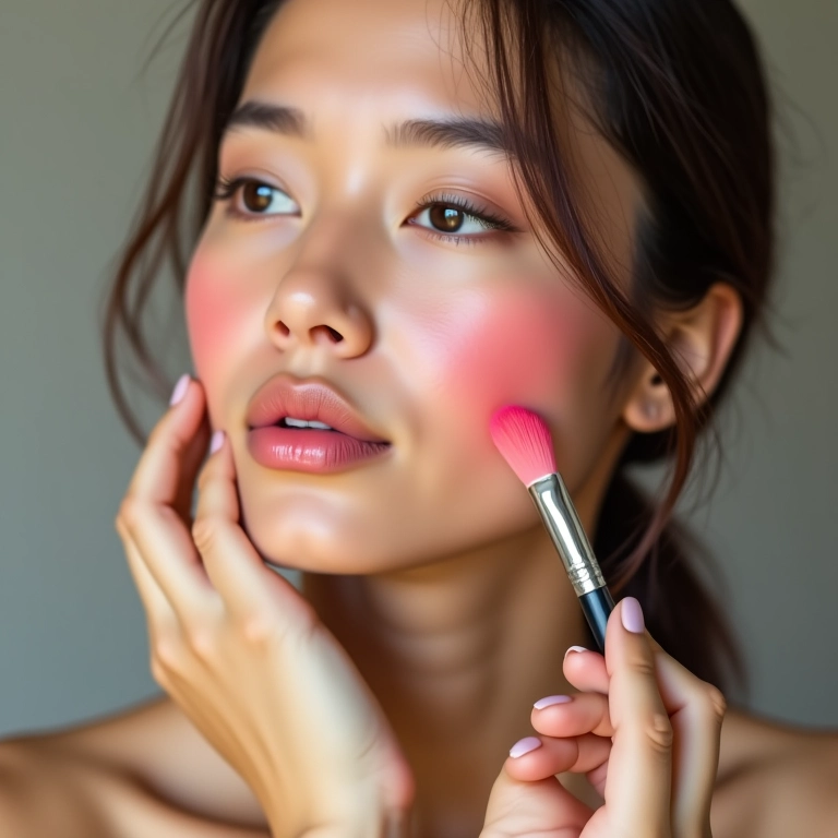 Mulher aplicando blush com pincel para um toque de cor nas bochechas.
